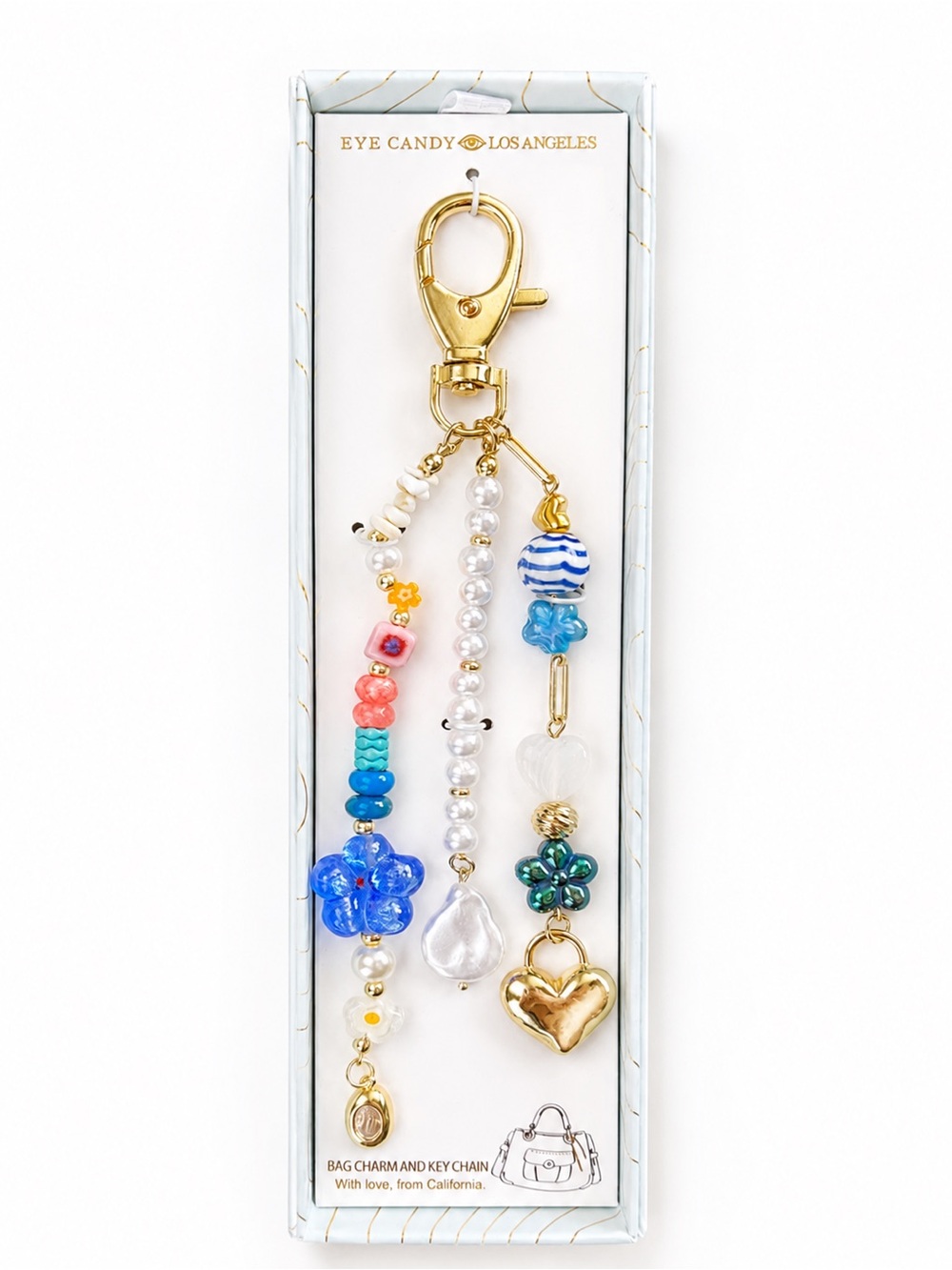eye candy Gold, Blue & Pink Beaded Heart Key Bag Charm